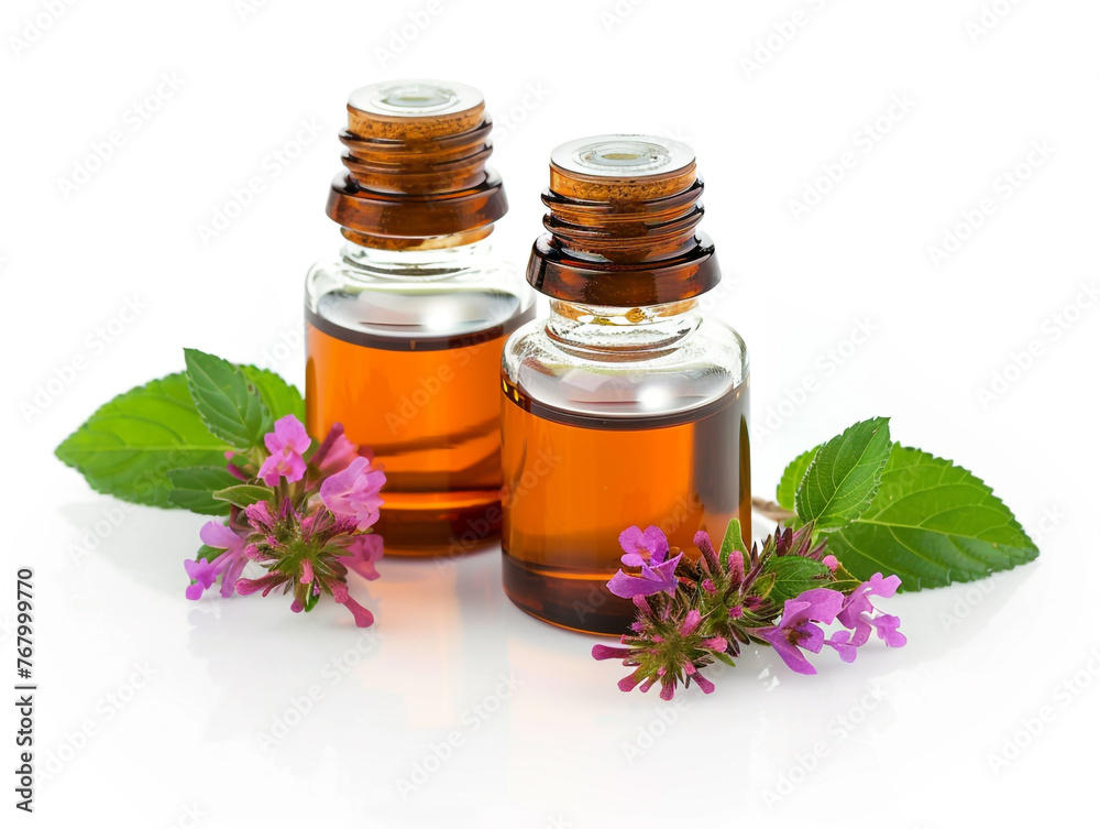 Patchouli oil in a beautiful glass containers. Isolated on white background. Patchouli oil in a beautiful glass containers. Isolated on white background.