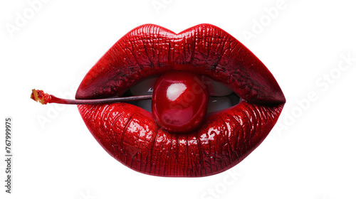 Close up woman lips with a cherry. Sexy female red lips and lipstick isolated on transparent background