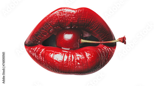 Close up woman lips with a cherry. Sexy female red lips and lipstick isolated on transparent background