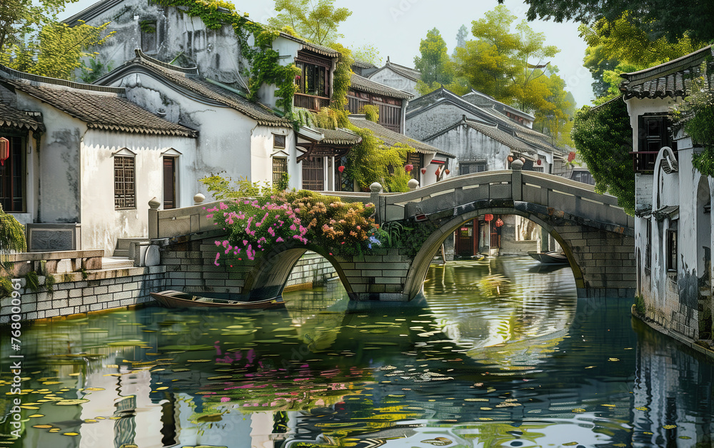 Small town scenery in Jiangnan, China,created with Generative AI tecnology.