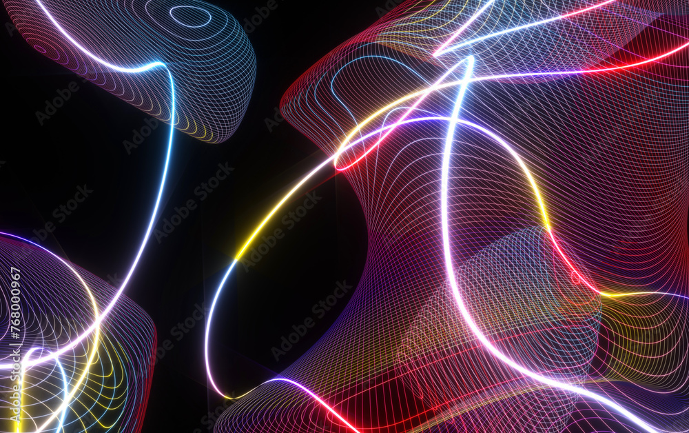 3d render abstract art 3d background texture with part of surreal deformed plasma cube based on curve wavy parallel round neon glowing laser energy lines on surface in purple gradient color on black 3d render abstract art 3d background texture with part of surreal deformed plasma cube based on curve wavy parallel round neon glowing laser energy lines on surface in purple gradient color on black