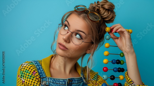 Girl with abacus is confused about the sum . cyan background , generative ai