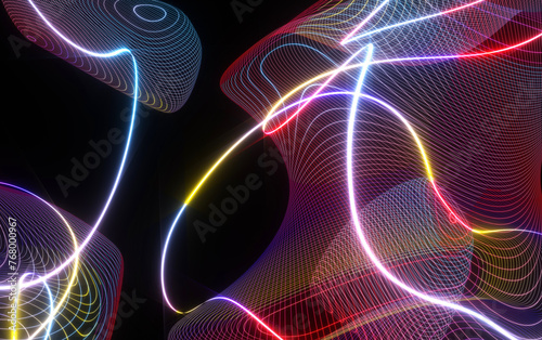 3d render abstract art 3d background texture with part of surreal deformed plasma cube based on curve wavy parallel round neon glowing laser energy lines on surface in purple gradient color on black photo