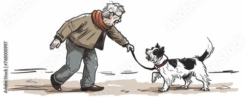 Cheerful doodle of a senior citizen enjoying time with a beloved pet.