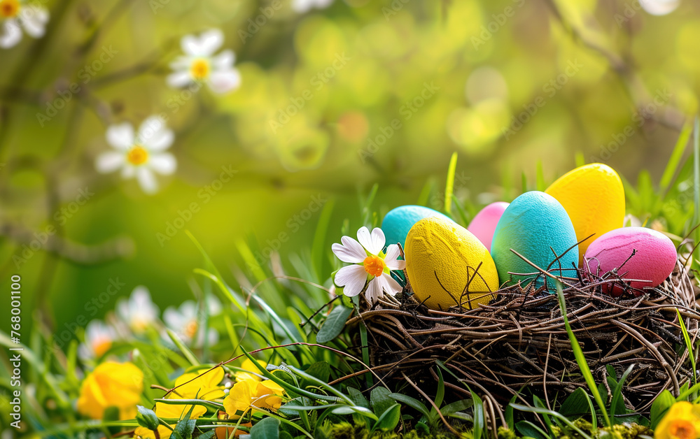 Obraz premium Easter eggs in a bird's nest in the woods,created with Generative AI tecnology.