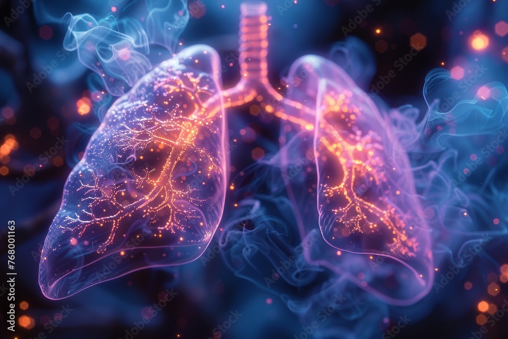 An artistic 3D visualization of a tumor in the lungs' bronchial passages, illustrating the challenges of lung tumors An artistic 3D visualization of a tumor in the lungs' bronchial passages, illustrating the challenges of lung tumors