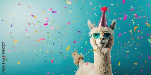Happy Birthday, carnival, New Year's eve, sylvester or other festive celebration, funny animals card - An alpaca with party hat and sunglasses surrounded by confetti on a blue background.