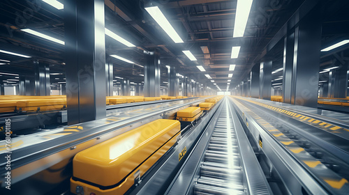A series of conveyor belts transporting goods in a high-tech logistics center.