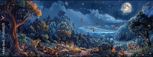 An orchestra of animals playing instruments in a moonlit glen. photo