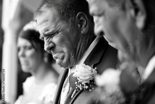Close up of a dad crying at his dauthers wedding, monochrome black and white. 