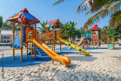 Children's playground on a sandy beach with colorful slides and palm trees. photo