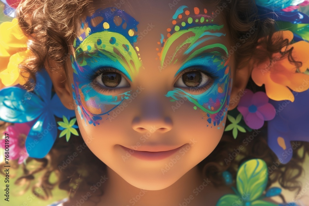 Child face painted at colorful outdoor party