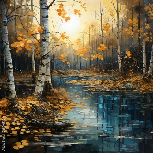 an oil painting of a river and birch trees , in the style of nature, embossed gold leaf, relistic image, yellow and aquamarine. photo