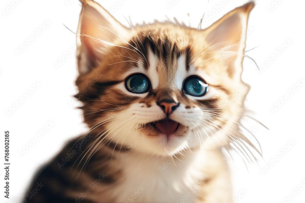 little kitten cute meowing smiling beautiful domestic animal cat felino pet fluffy fur whisker paw tabby open mouth tongue smile meow sound mammal closeup luxurious studio posing portrait head lovely