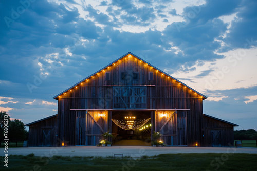An enchanting barn illuminated with string lights under a twilight sky, setting a serene scene for a rustic evening event.