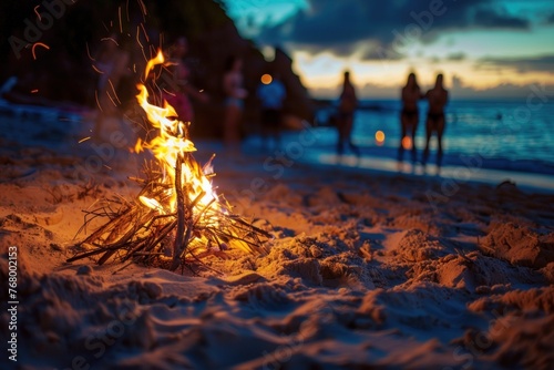 Beach bonfire at dusk with palm trees and people in the background. © evgenia_lo