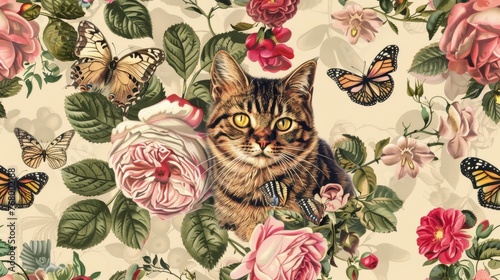 Print design with a boho aesthetic, featuring a cute cat surrounded by fluttering butterflies and blooming flowers.