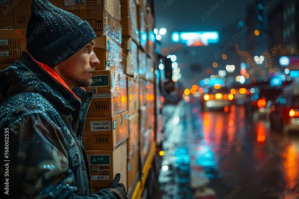 Rain-soaked delivery person by a vehicle Rain-soaked delivery person by a vehicle