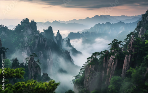 Scenery of clouds, sea, fog and pine trees in Huangshan, Anhui, China,created with Generative AI tecnology. © henvryfo