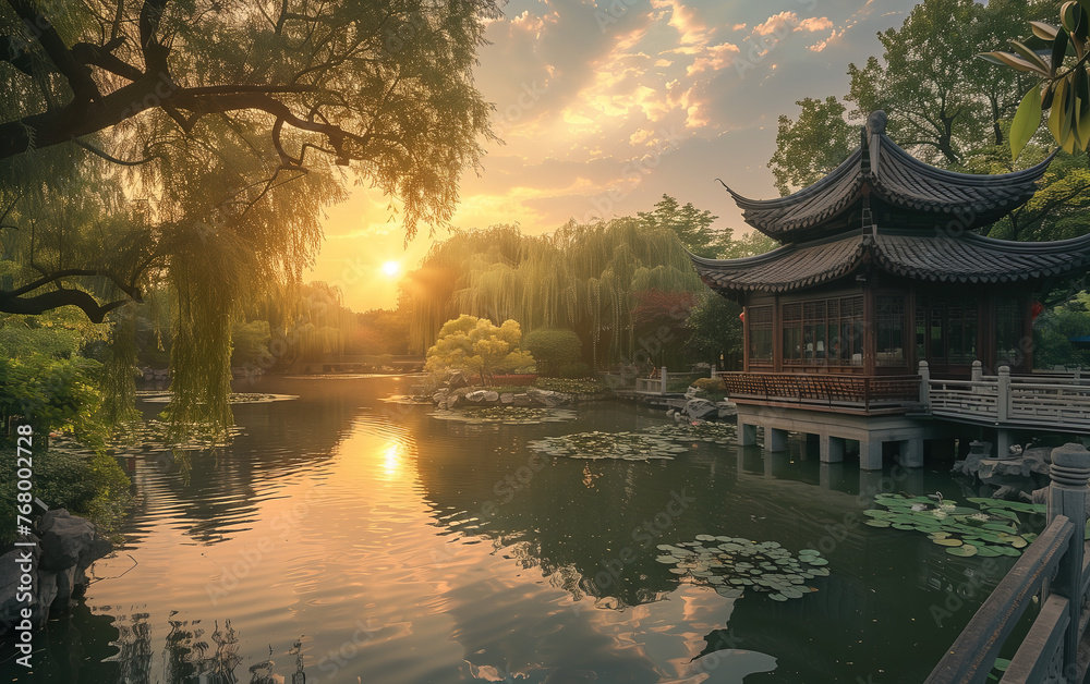 Obraz premium Suzhou garden sunset scenery in China,created with Generative AI tecnology.