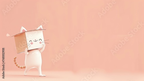 A charming cartoon cat strolling with a cardboard box.