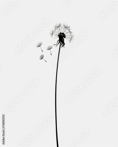 Back dandelion head with flying seeds on white  background.