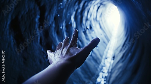 A human hand touching the wet, reflective surface of a cave, with light shining from the tunnel's end