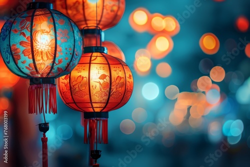 Vivid red and blue Chinese paper lanterns close-up