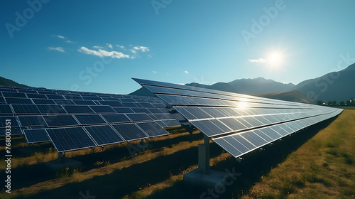 A sprawling solar power farm with rows of photovoltaic panels under a clear sky.