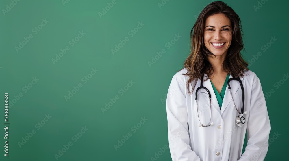 A doctor in a white coat with a smile poses on a green background, a portrait up close, the concept of your family doctor. A doctor in a white coat with a smile poses on a green background, a portrait up close, the concept of your family doctor.