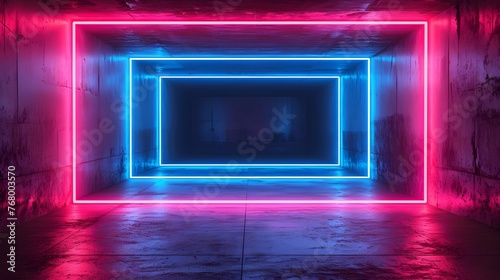3d render, abstract neon background with glowing square lines and empty space for design.