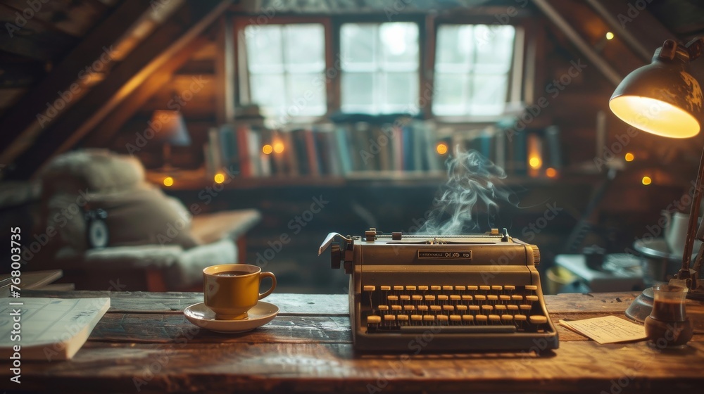 Cozy attic home office setup, rustic wooden desk, vintage typewriter, exposed beams, and a steaming mug of coffee. Soft, warm lighting. - obrazy, fototapety, plakaty 