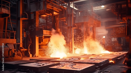 A steel foundry with molten metal pouring into molds, creating industrial sculptures. photo
