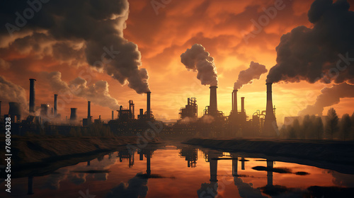 A vast industrial landscape with towering smokestacks against a dramatic sunset sky. photo