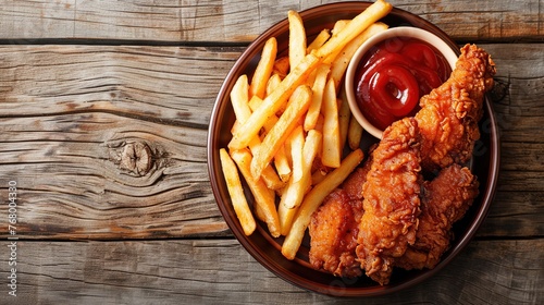 A plate of crispy fried chicken tenders and french fries on a rustic wooden table, reminiscent of a cozy home kitchen photo