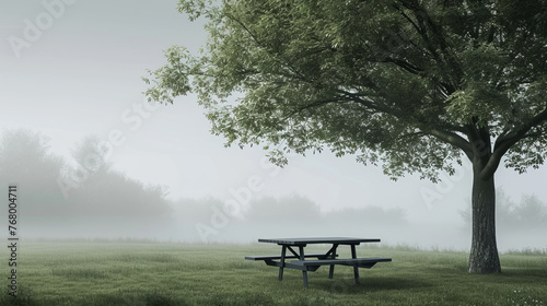 A park bench is sitting in a grassy field with a tree in the background