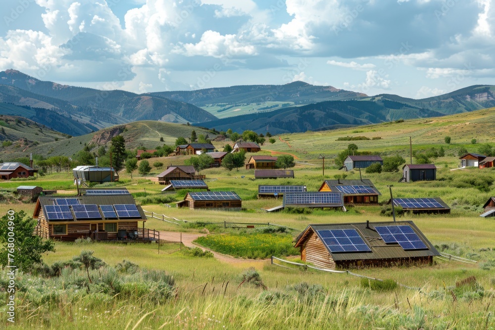 Rustic cabins with solar panels in a valley community surrounded by mountains.