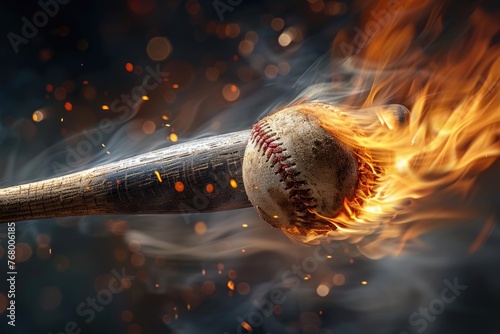 baseball bat shattered by swinging at a baseball the form of an burn on fire in mid air.