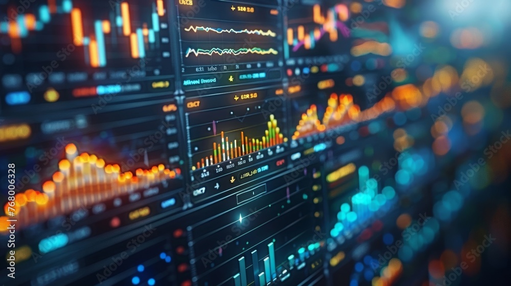 Imagine a colorful visualization panel showcasing economic data through interactive graphs and charts