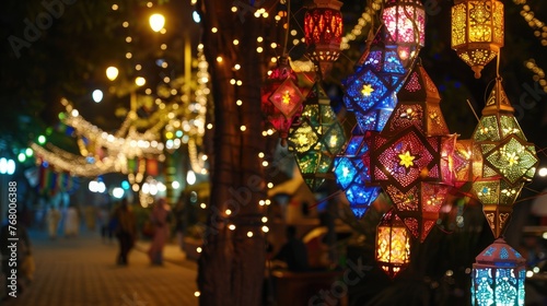 A group of arabic candle lanterns enlighten the festive atmosphere of Eid with an image of colorful decorations, twinkling lights, and vibrant bunting adorning homes and streets.