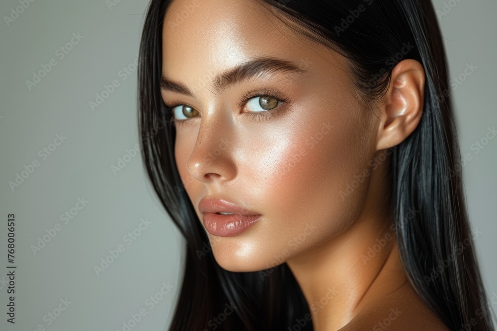 Naklejka premium A sensual portrait of a perfect brunette woman in a glamourous beauty treatment setting.