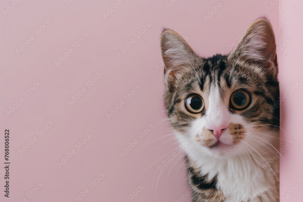 Obraz premium funny cat peeking from the right side of the frame, close up view on light pink background