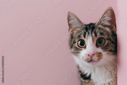 funny cat peeking from the right side of the frame, close up view on light pink background