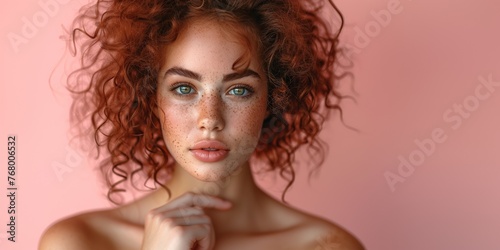 A wellness-focused portrait of an attractive redhead with freckles, showcasing natural beauty and glamour.