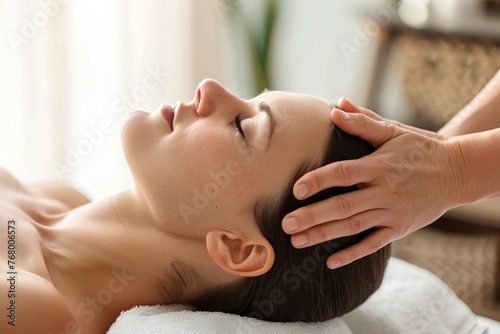 Woman receiving a scalp massage in a serene setting