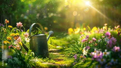 Garden with watering can and butterflies animation video looping motion photo