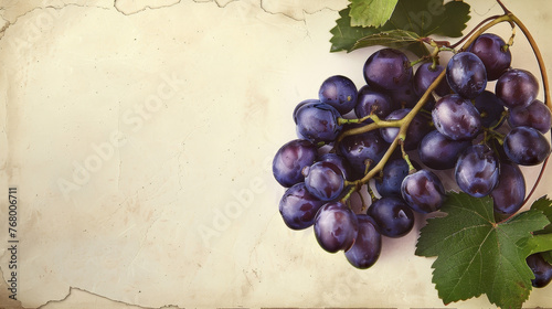 Cluster of fresh purple grapes with green leaf on textured beige background.