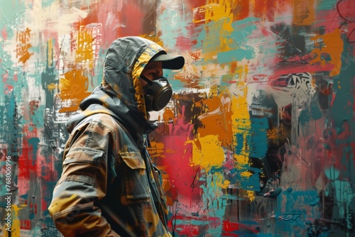 Graffiti artist with mask in a colorful scene  generating ai