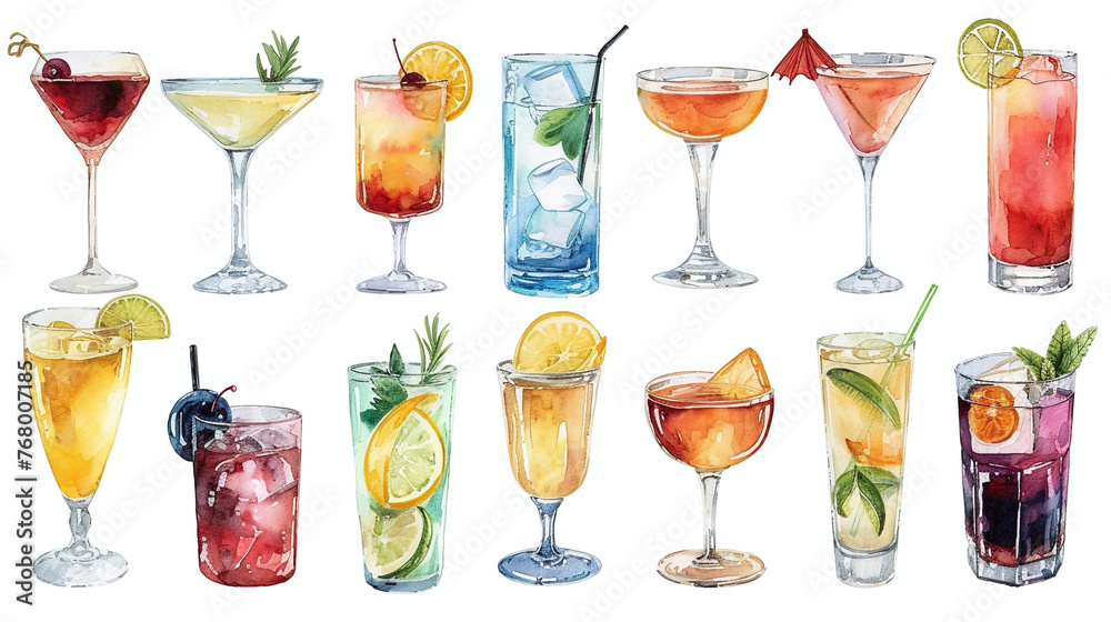 Set of cocktails, summer drinks watercolor clipart.