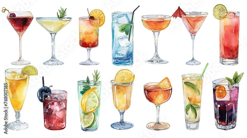 Set of cocktails, summer drinks watercolor clipart.